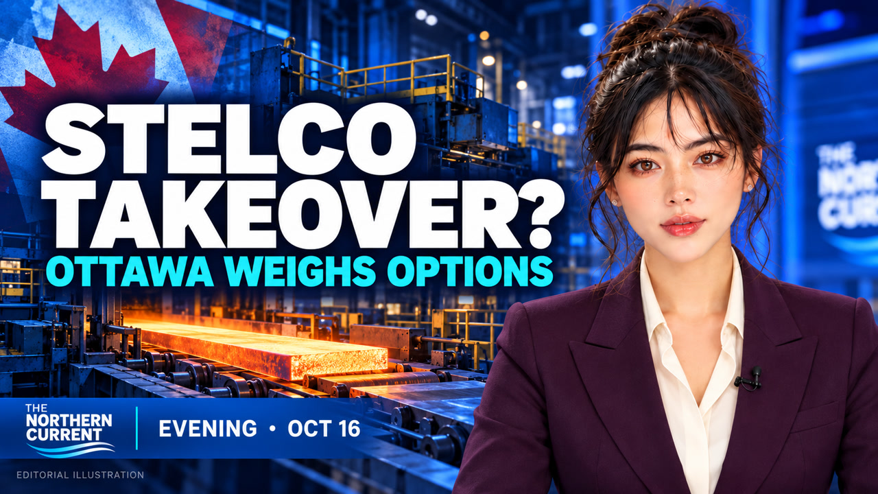 Lucy evening broadcast thumbnail: Stelco takeover question, October 16, 2026; editorial illustration