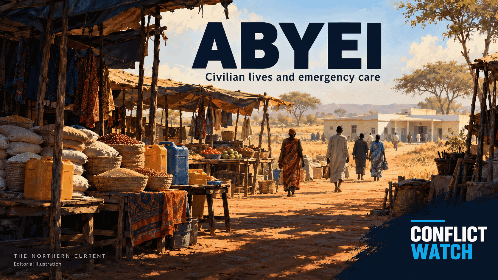 Editorial illustration of market stalls, food and water containers, with civilians walking toward a generic care building; ABYEI title and white-and-blue Conflict Watch wordmark