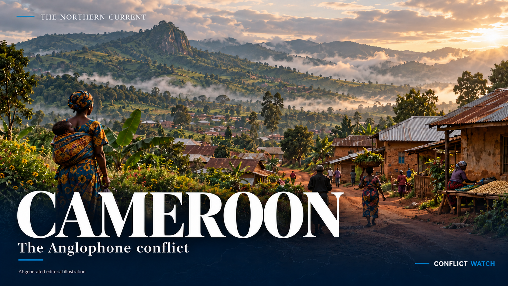AI-generated editorial illustration of village life in Cameroon’s green western highlands; a conceptual country cover, not a photograph of the conflict