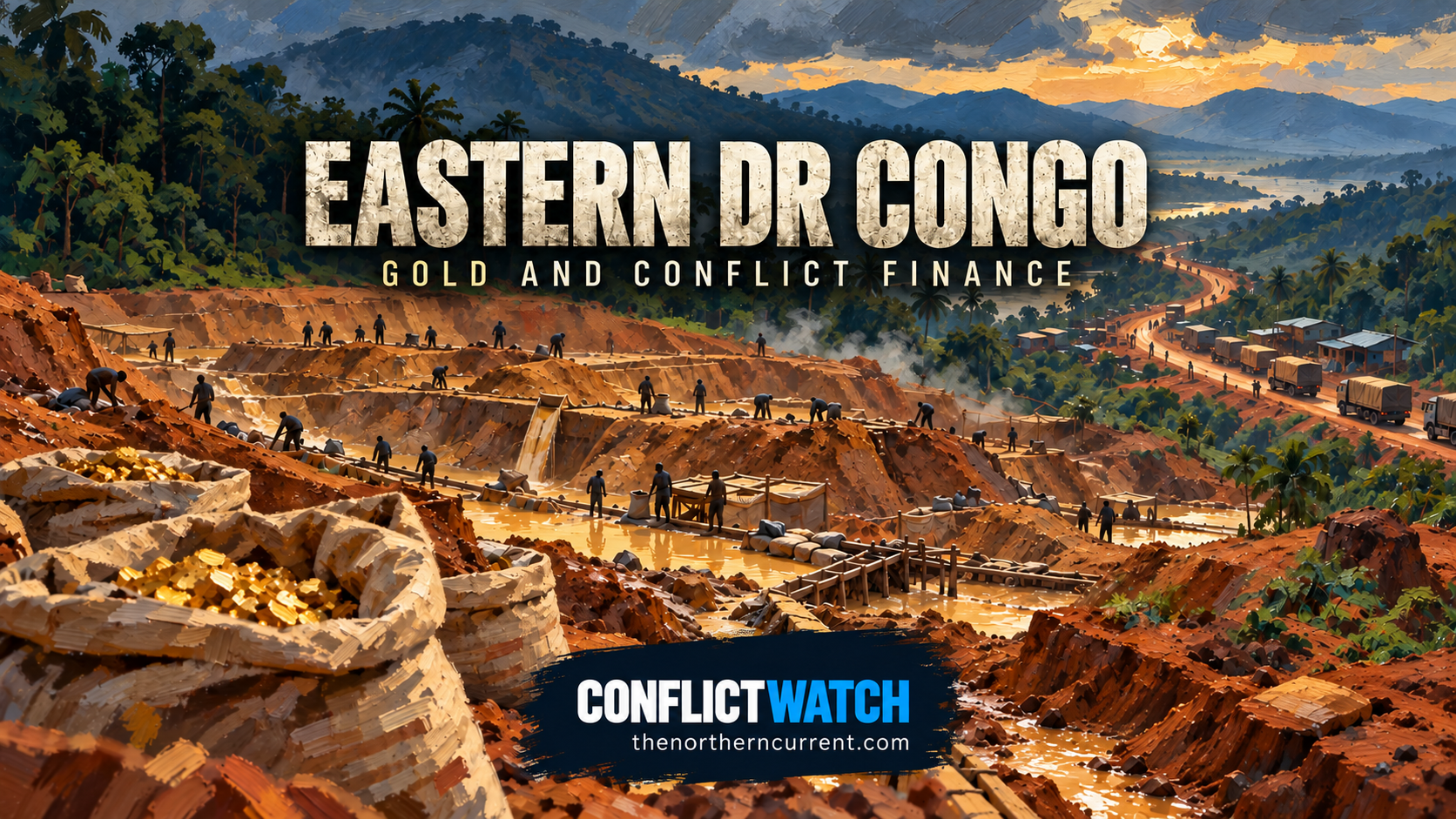 Editorial illustration of an artisanal gold-mining landscape and trade route in eastern DR Congo with the Conflict Watch wordmark