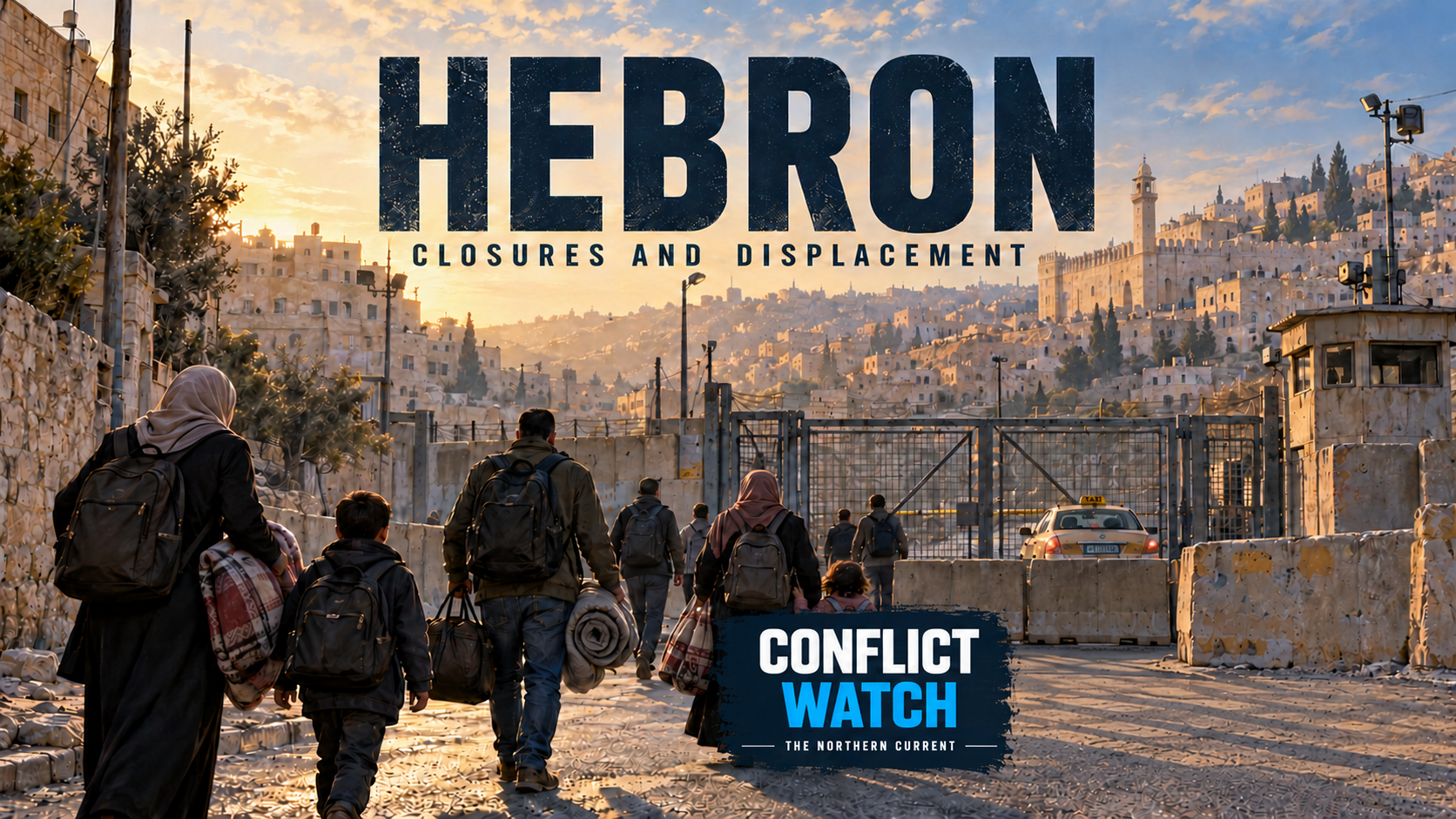 Editorial illustration of inland Hebron with a closed vehicle gate and families walking with belongings beneath the white-and-blue Conflict Watch wordmark