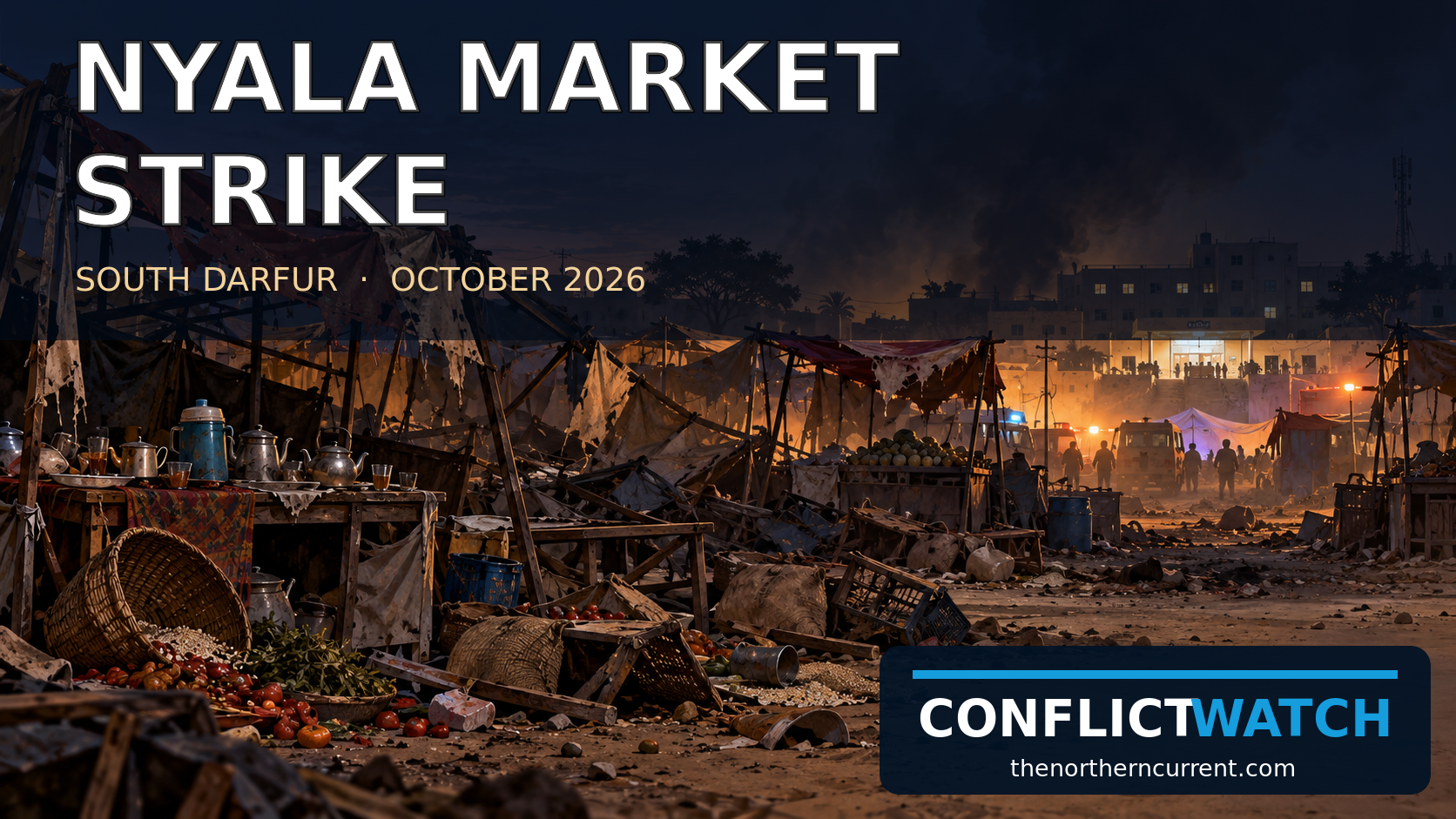 Editorial illustration of a damaged evening market in Nyala, South Darfur, with the Conflict Watch wordmark