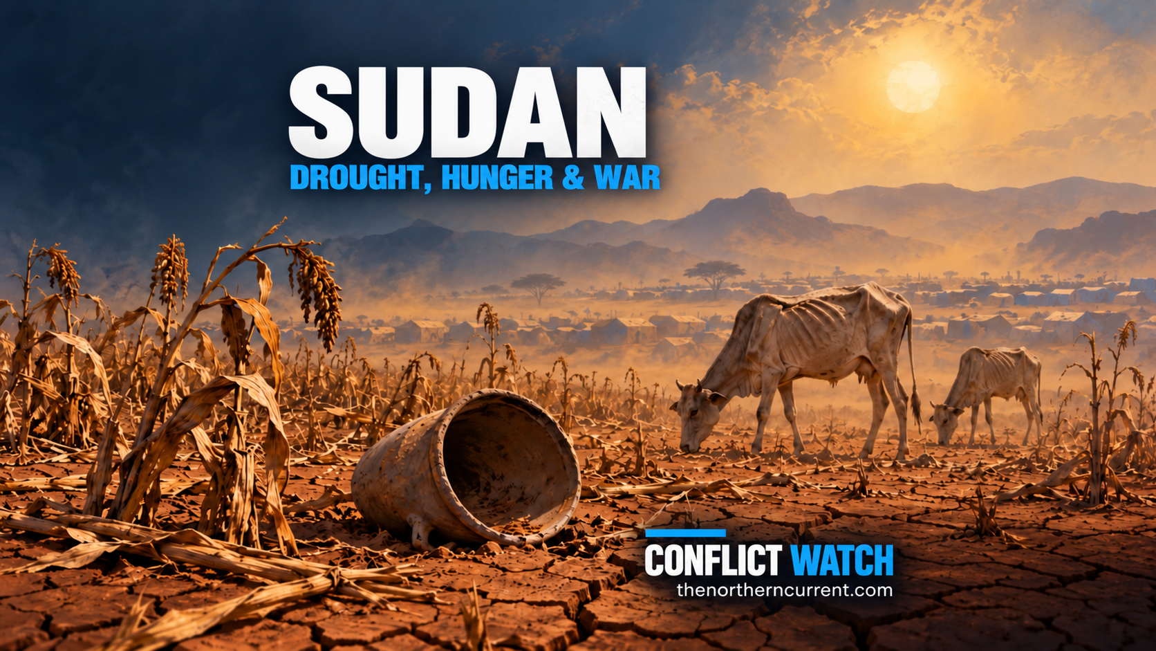 editorial illustration of drought-damaged crops, an empty water vessel and thin cattle in Sudan with the Conflict Watch wordmark