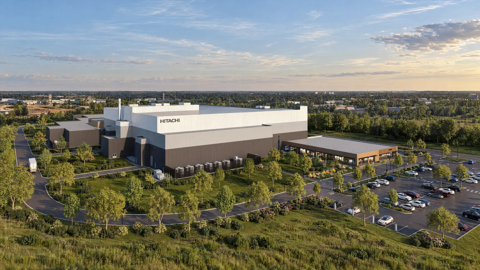 Hitachi Energy-supplied architectural rendering of the proposed London transformer insulation factory; not a completed building