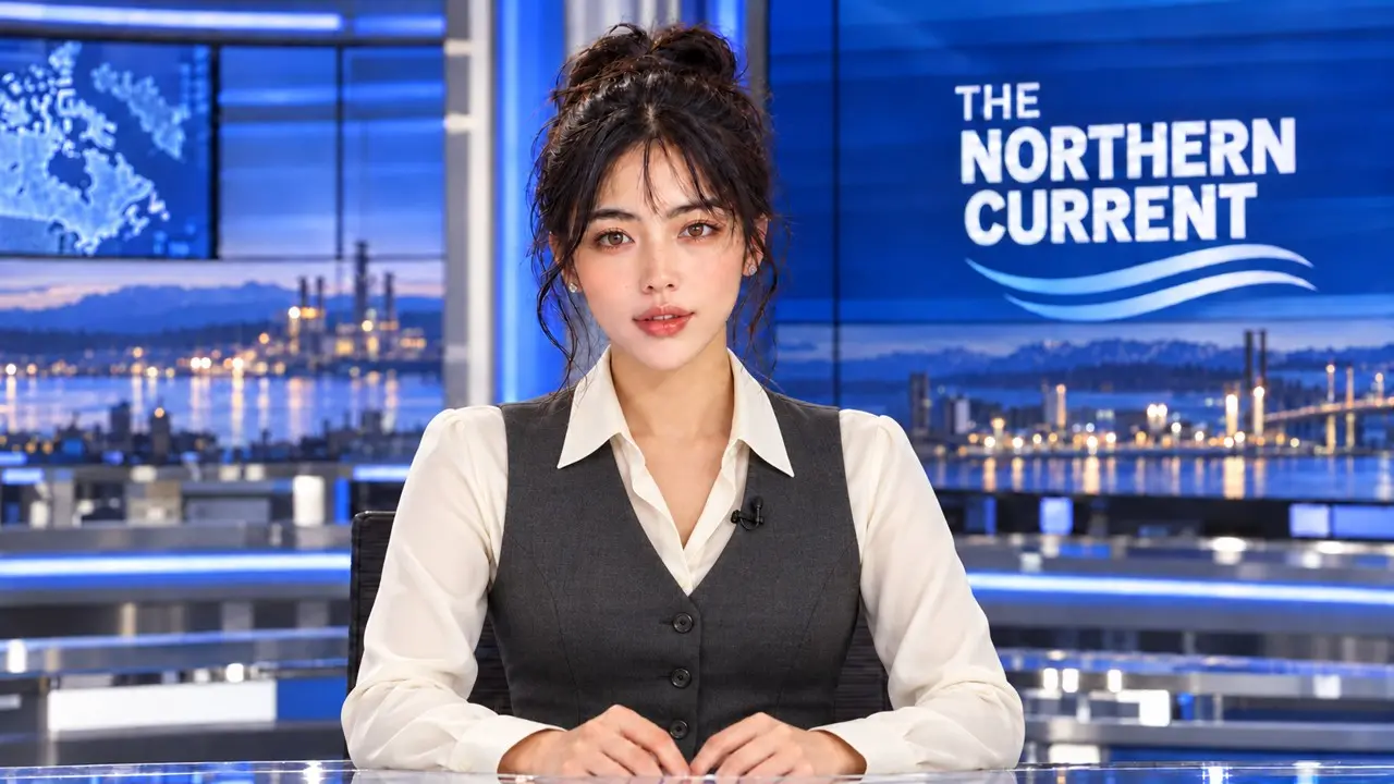 Lucy in a cream blouse and charcoal vest presenting the October 11 TNC broadcast