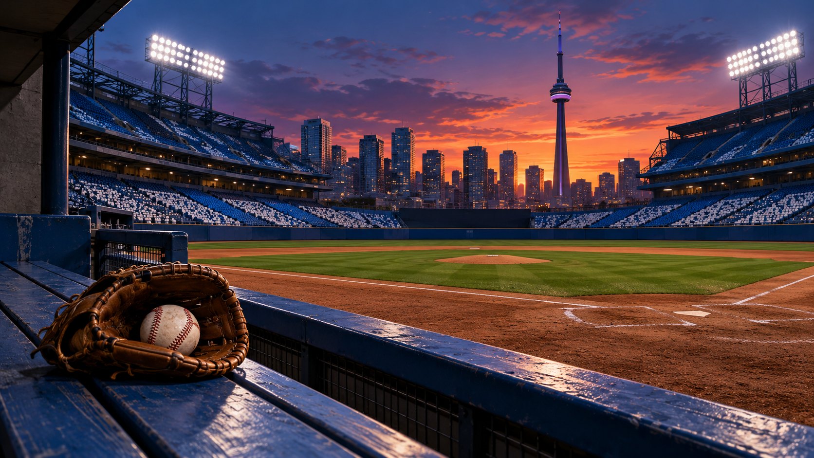 Editorial illustration of an empty Toronto baseball park at dusk