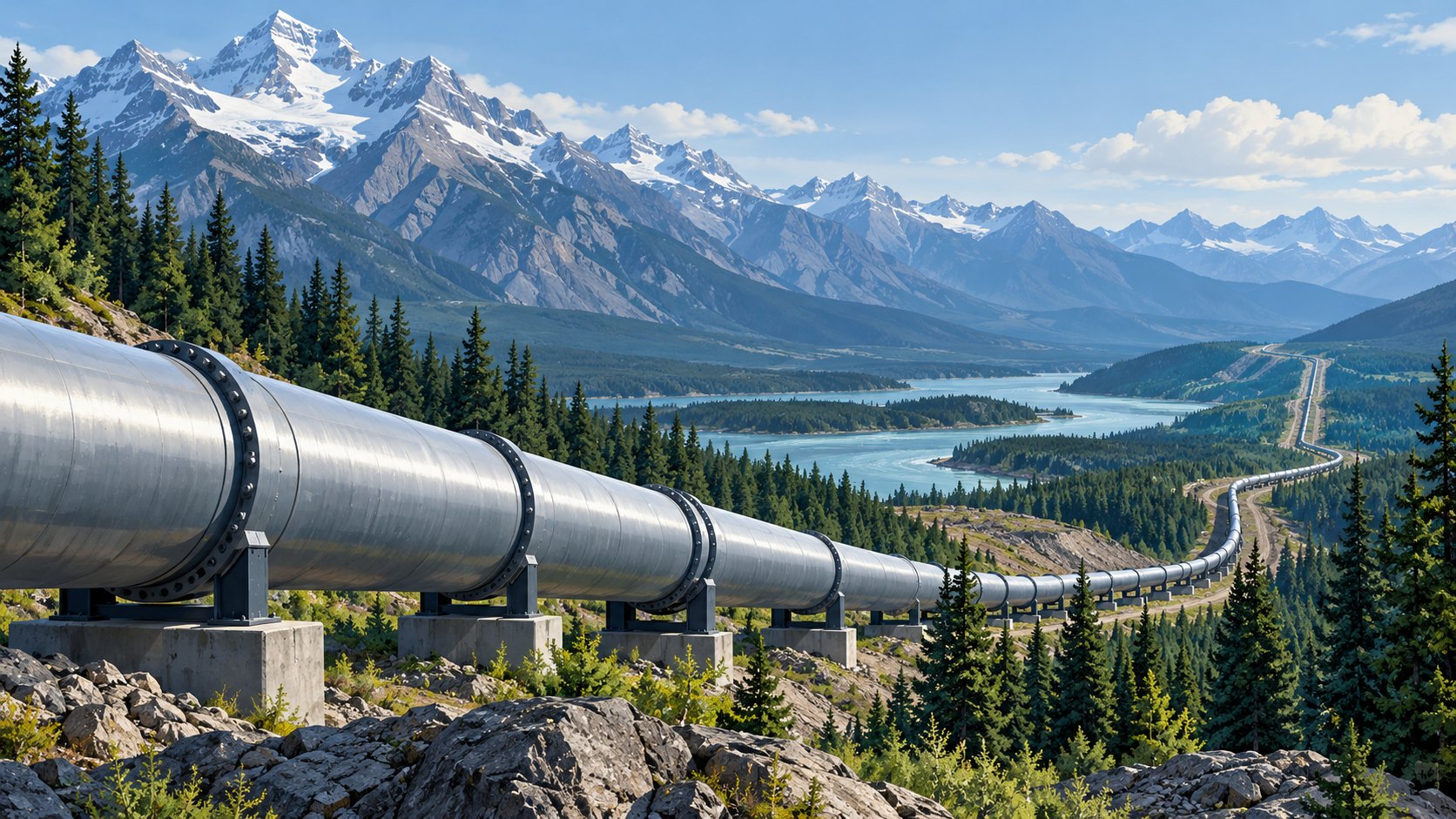 Editorial illustration of pipeline infrastructure in a Canadian mountain landscape