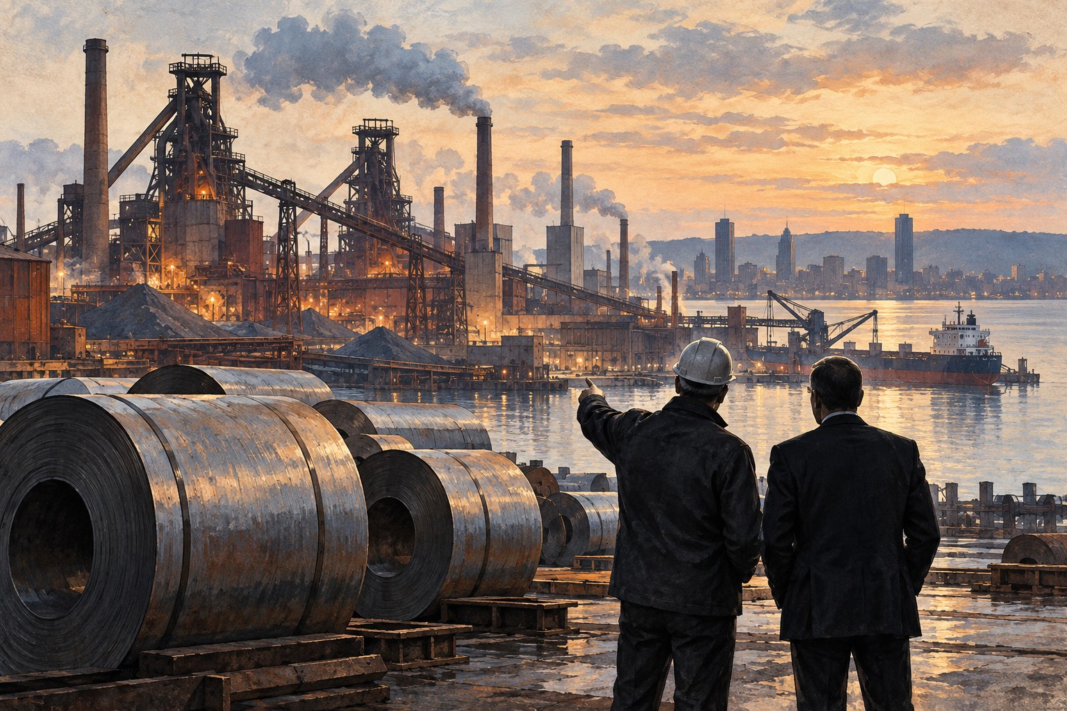 AI-generated archive illustration of Canadian industrial workers and steelmaking; not a photograph of the September employment report