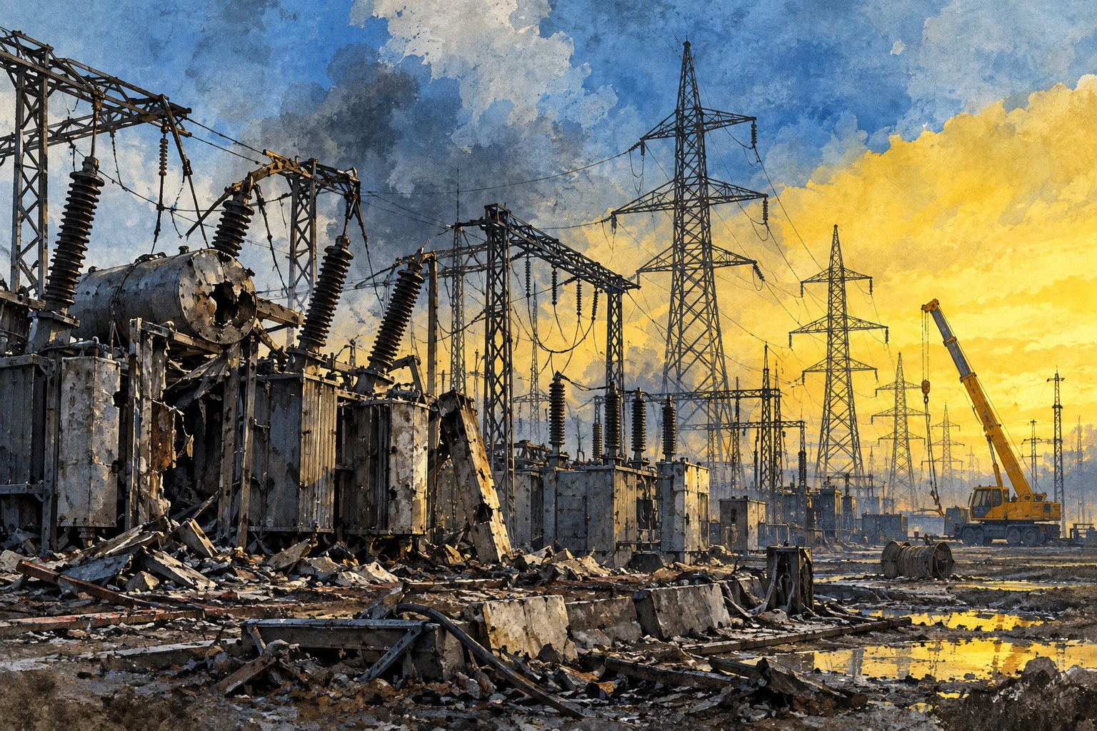 AI-generated archive illustration of damaged Ukrainian energy infrastructure; not a photograph of the visit