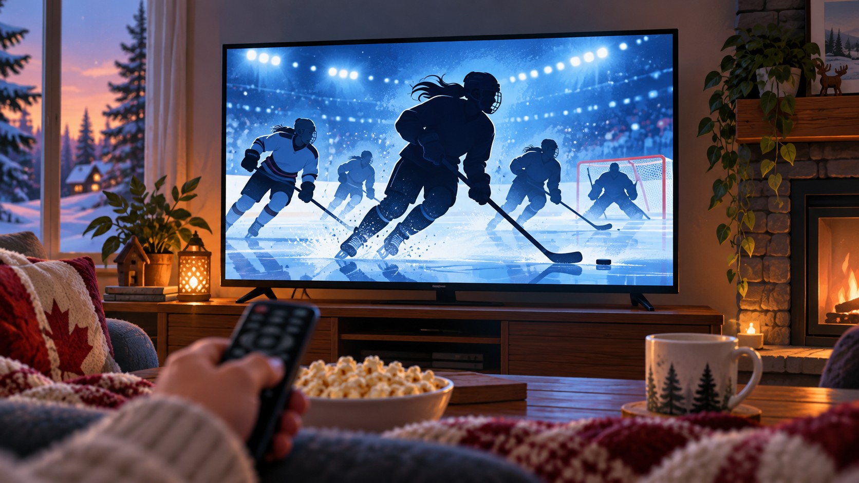 AI-generated archive illustration of women’s hockey on television; not a PWHL game photograph