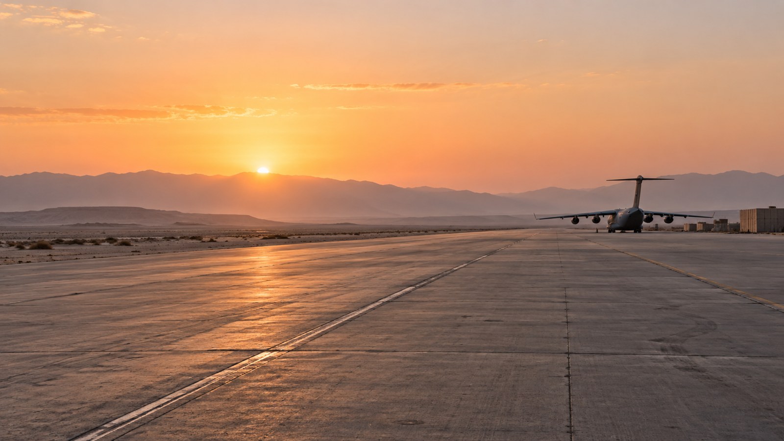 AI-generated editorial illustration of a desert airbase; not a photograph of the withdrawal