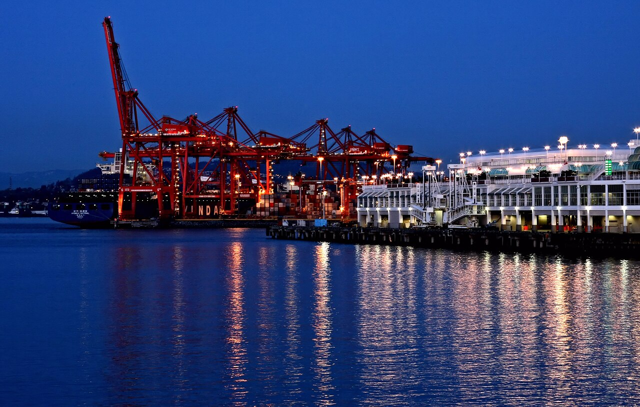 Canada Place and Vancouver container port at night in a 2021 file photograph by Paul Harrison