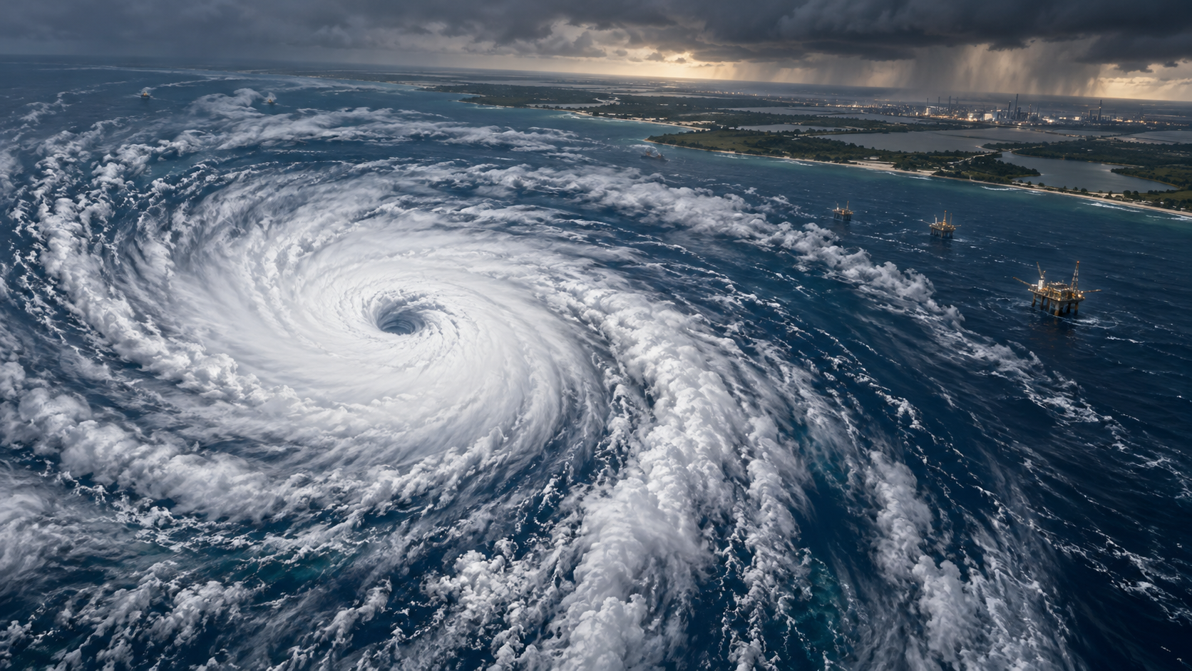 AI-generated editorial illustration of a hurricane over the Gulf of Mexico near offshore platforms and a coastline; not an actual photograph of Hurricane Isaias.