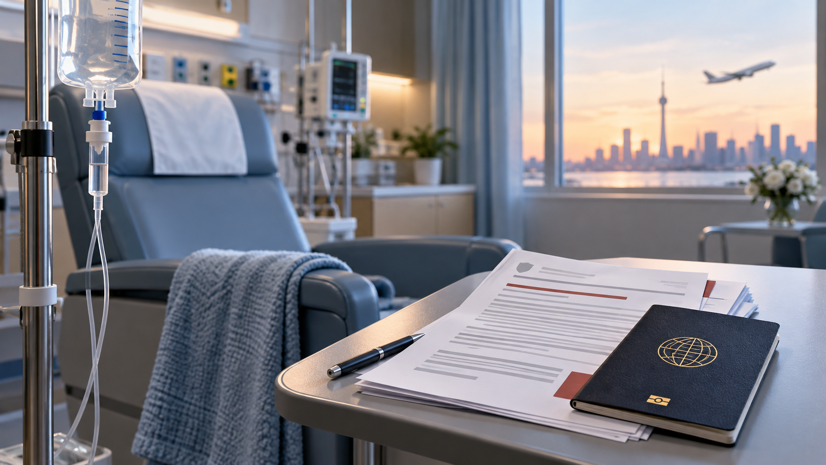 AI-generated editorial illustration of a hospital treatment chair, IV, policy documents and a passport; not a photograph of the patient or an Ontario hospital.