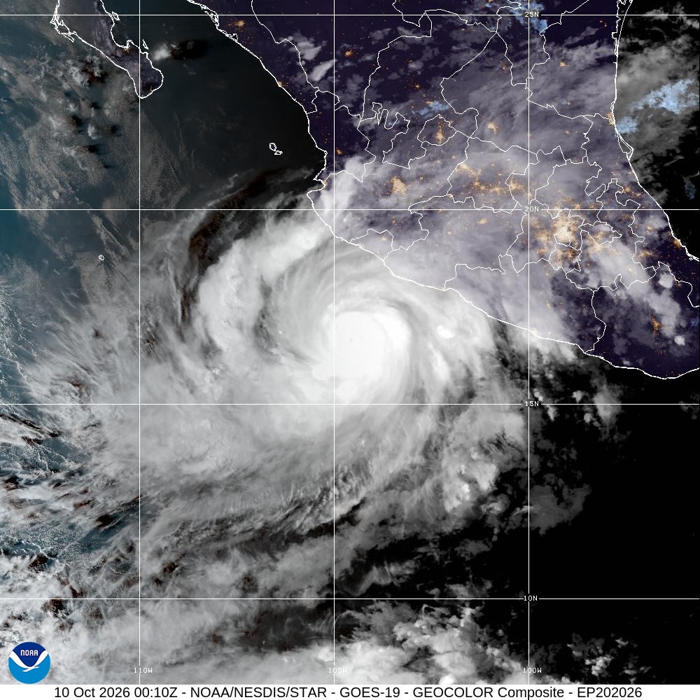 GOES-19 GeoColor satellite view of Hurricane Simon south of Mexico at 00:10 UTC on October 10, 2026; CIRA/NOAA