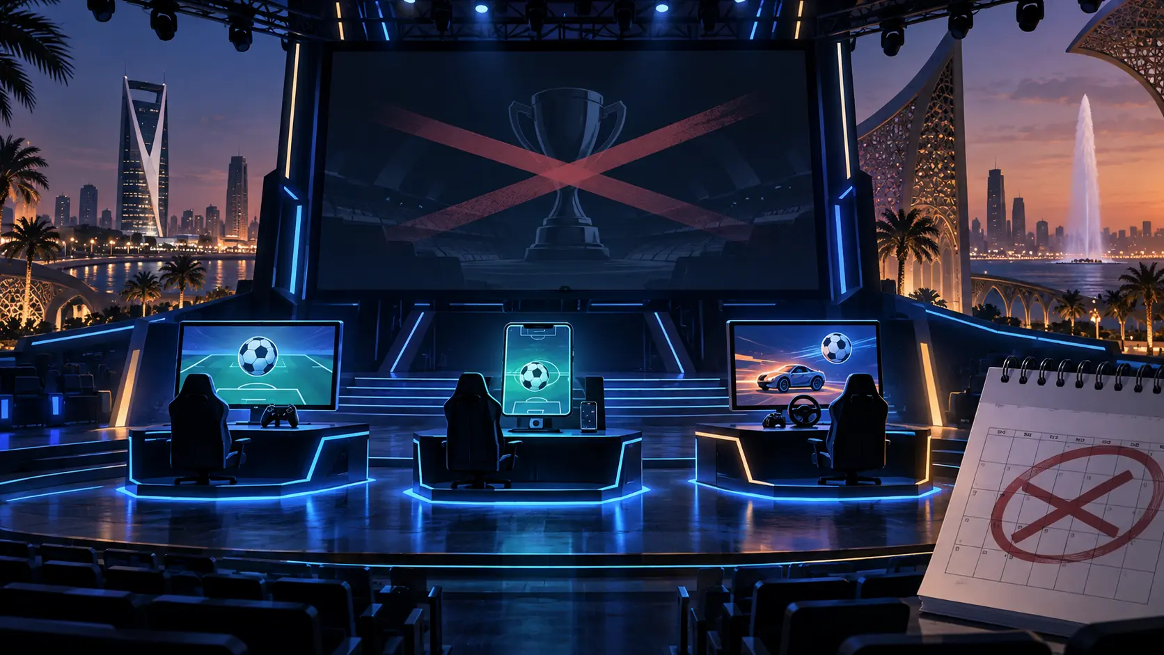 editorial illustration of an empty football-esports arena and postponed tournament calendar; not a photograph of the FIFAe Finals