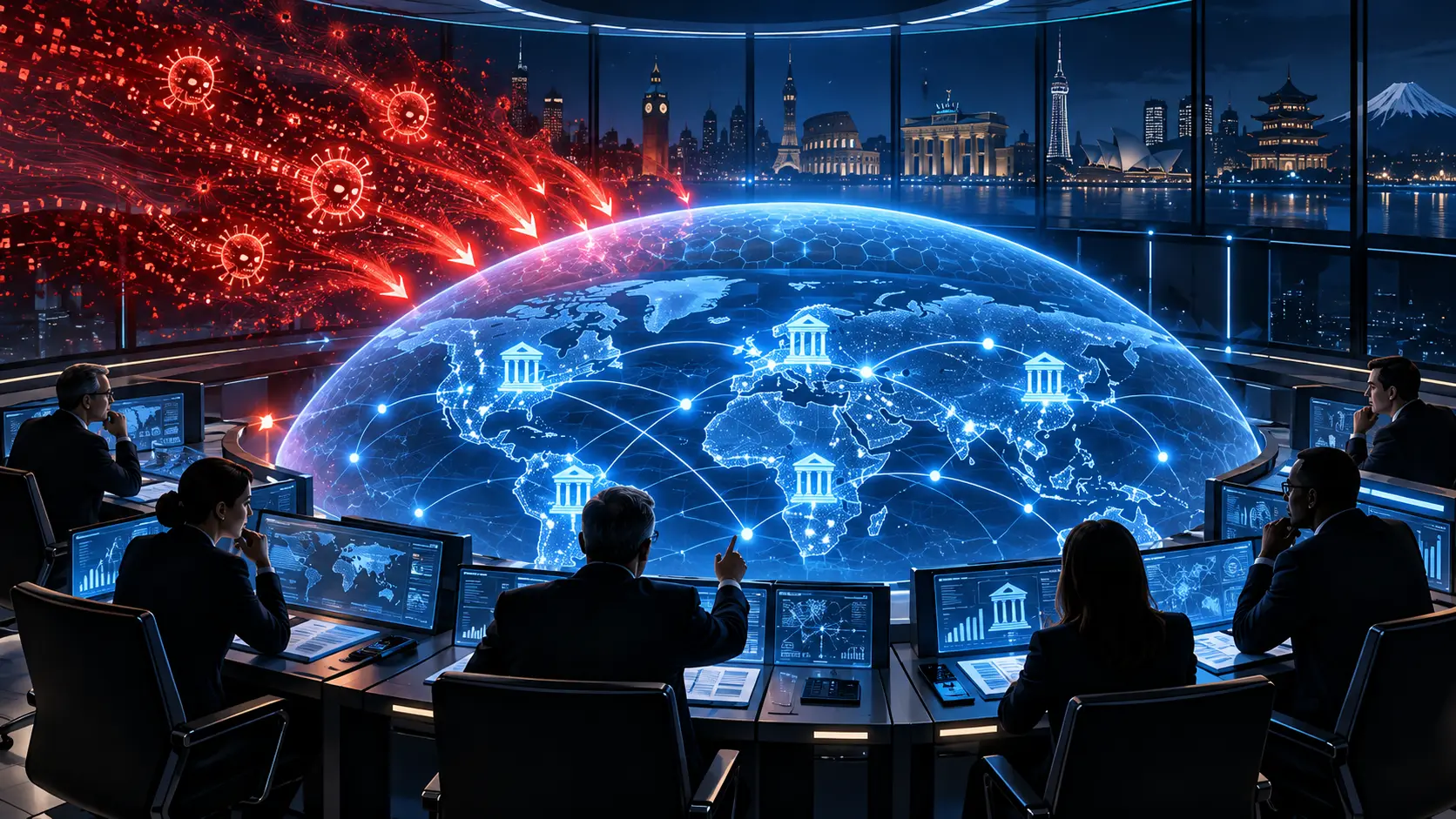 editorial illustration of international financial authorities coordinating against a simulated cyberattack; not a photograph of a real incident
