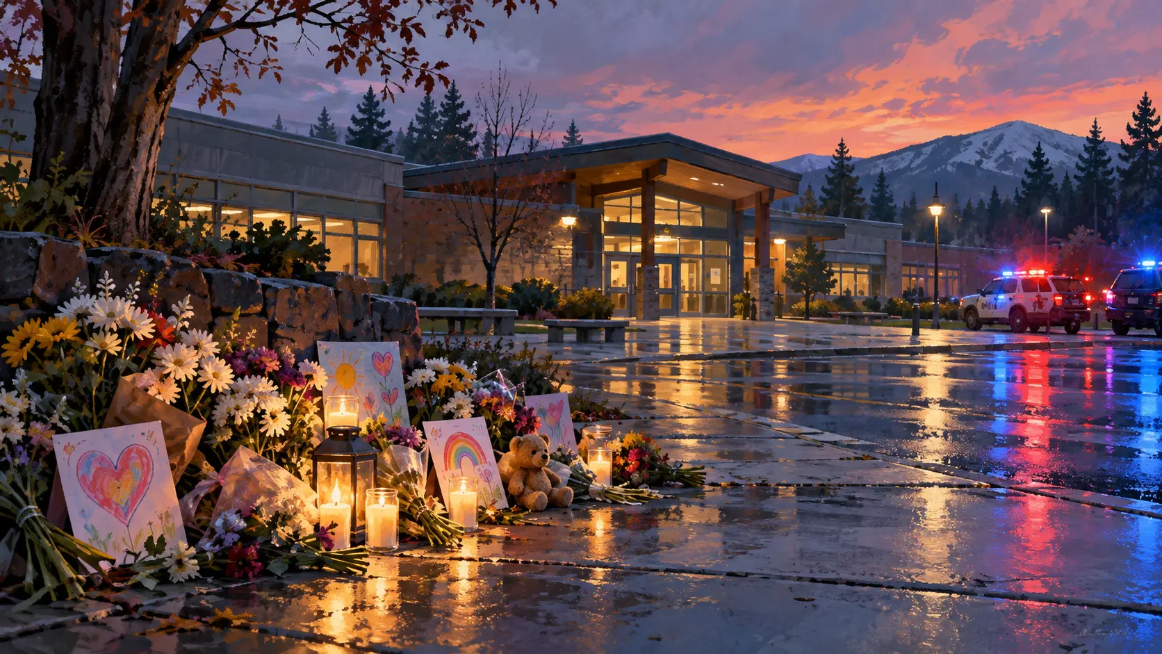 editorial illustration of a memorial outside a school with emergency lights in the distance; not a photograph of the Oregon attack