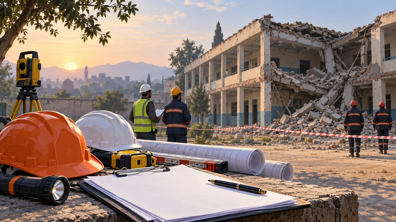 editorial illustration of inspectors and rescue personnel examining a collapsed school building; not a photograph of the Peshawar disaster