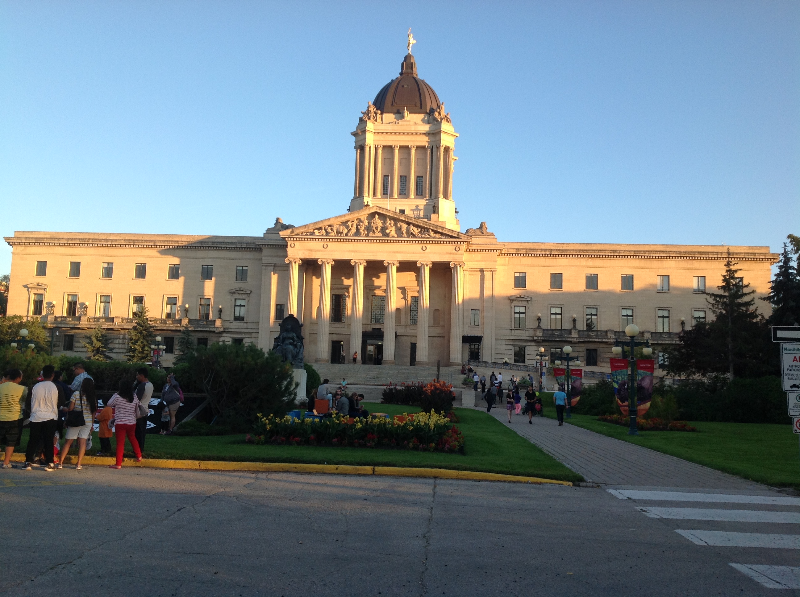 Manitoba Legislative Building in Winnipeg in September 2014; file photograph, not the Brandon announcement or a police training academy.