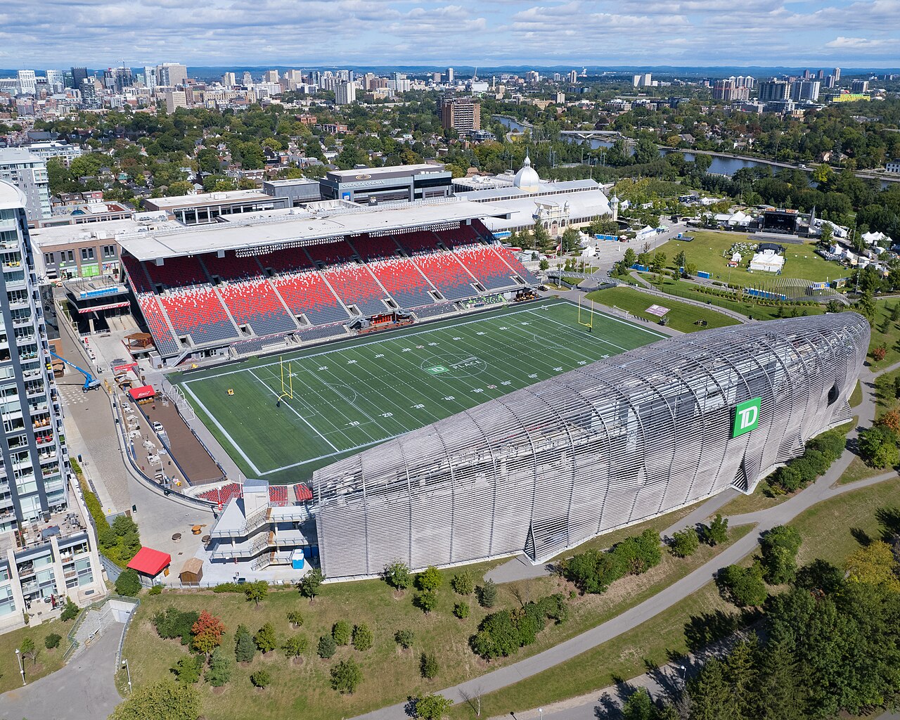 Aerial view of Ottawa’s TD Place Stadium in September 2022 by Harleyd613; file photograph, not the October 16 game