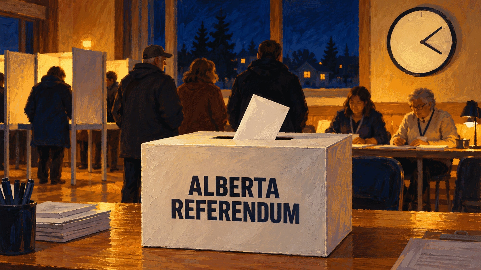 Editorial illustration of an Alberta referendum ballot box, clock and community voting hall at night; not an actual polling station