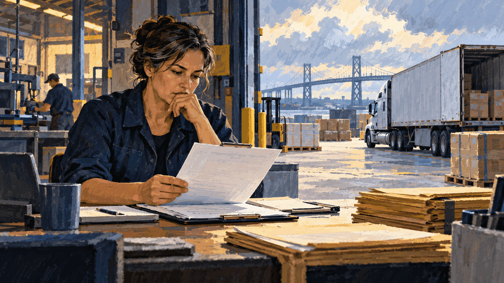 Editorial illustration of a business manager reviewing survey paperwork at a freight-loading area