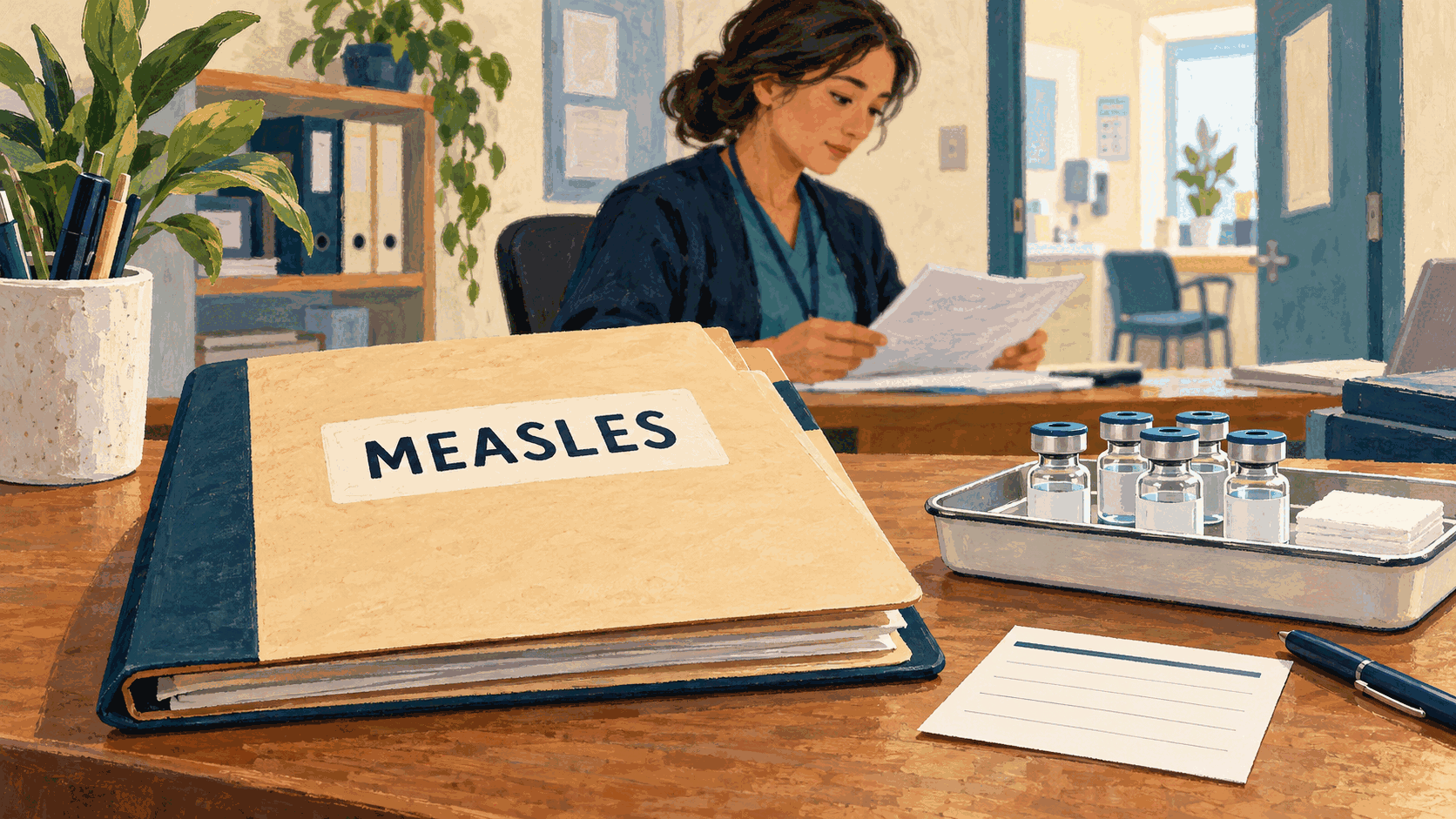 Editorial illustration of a measles surveillance folder and vaccination supplies at a public-health desk; not an actual clinic or patient