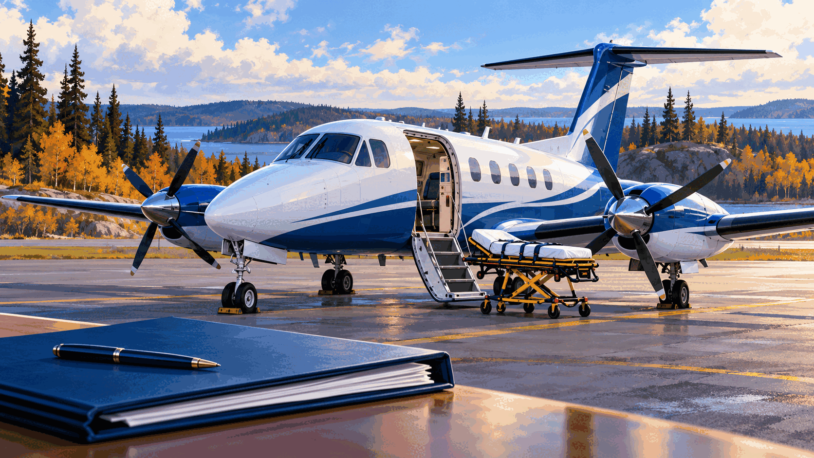 Editorial illustration of a fixed-wing air ambulance and medical stretcher at a northern Ontario airfield, with an agreement folder in the foreground