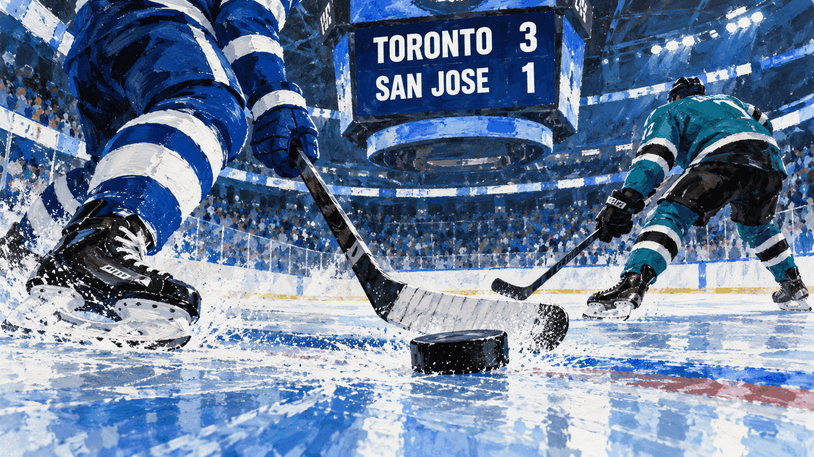 Conceptual hockey editorial illustration in Toronto blue and San Jose teal with a Toronto 3, San Jose 1 scoreboard; not a photograph or reconstruction of the game