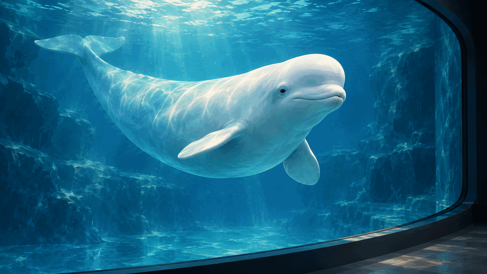 Editorial illustration of a beluga in blue water with a quiet aquarium observation window, not a portrait of Cyprus or a depiction of his death