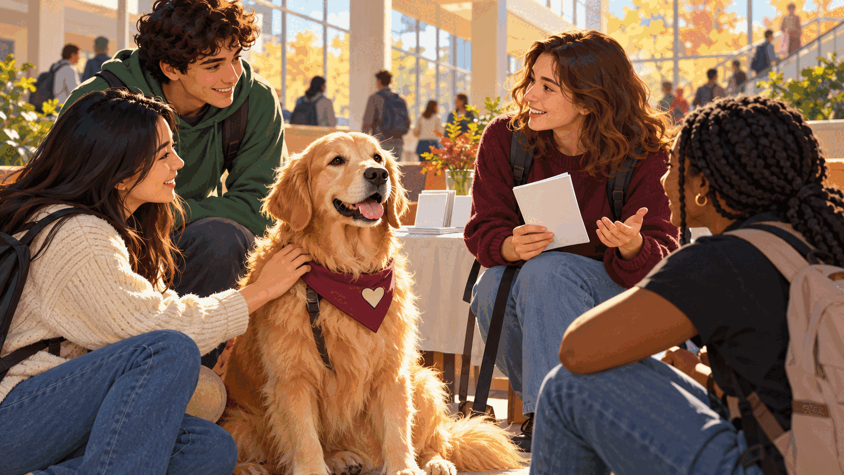 Editorial illustration of a therapy dog beside university students discussing voting information in a campus atrium