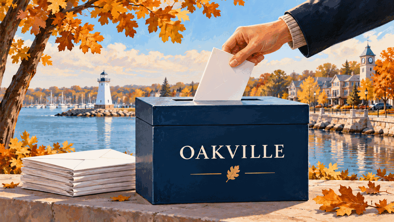 Editorial illustration of a ballot box labelled Oakville, an anonymous hand inserting a folded ballot and an autumn lakefront setting