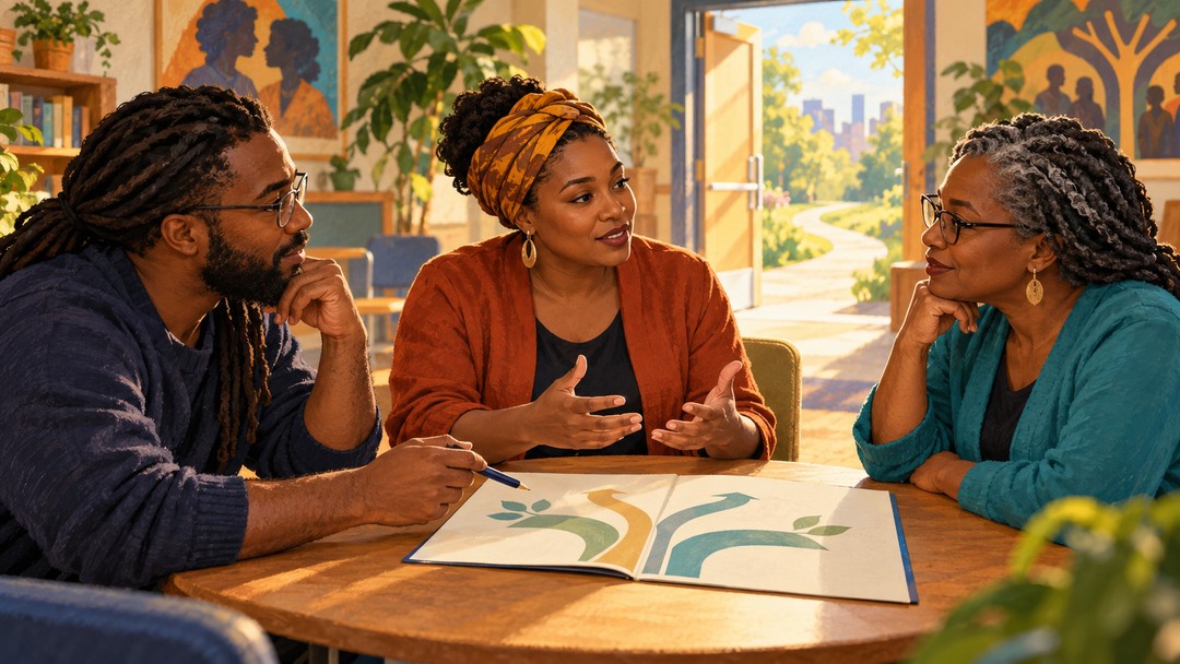 Editorial illustration of community facilitators discussing service pathways; not actual program staff or participants