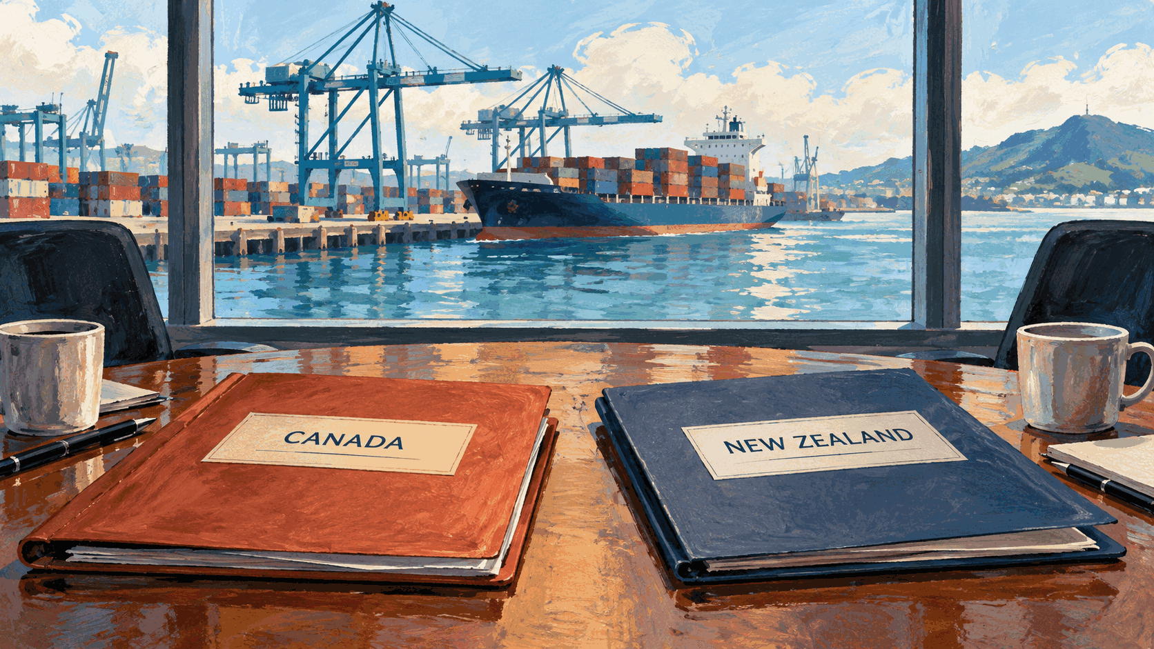 Editorial illustration of Canada and New Zealand discussion folders with an imagined container port; not an actual meeting