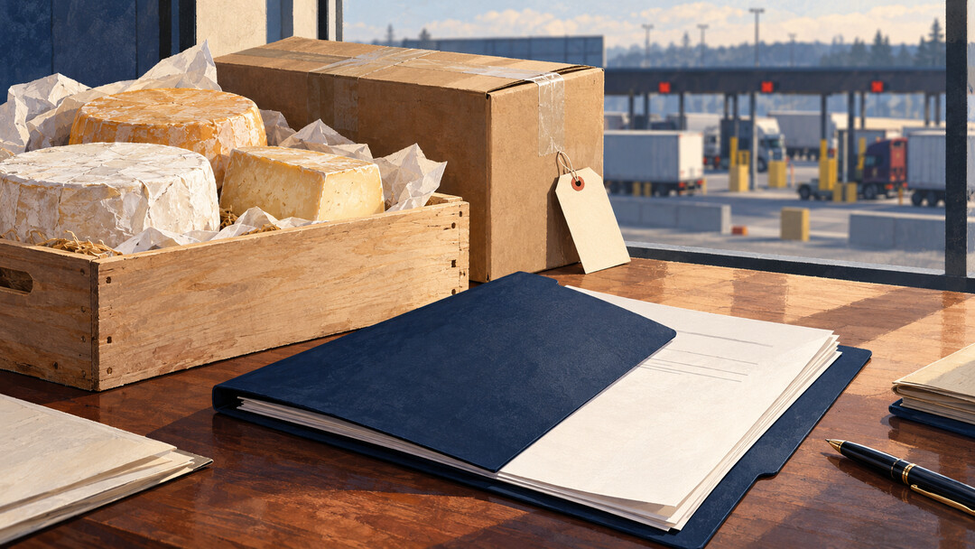Editorial illustration of an unbranded cheese shipment beside a pending trade-court filing; not an actual product or proceeding