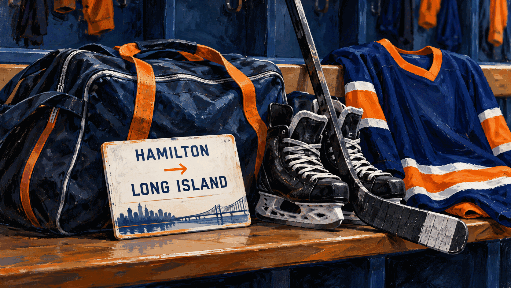Conceptual editorial illustration of hockey equipment and a Hamilton-to-Long Island call-up; not actual player equipment or travel