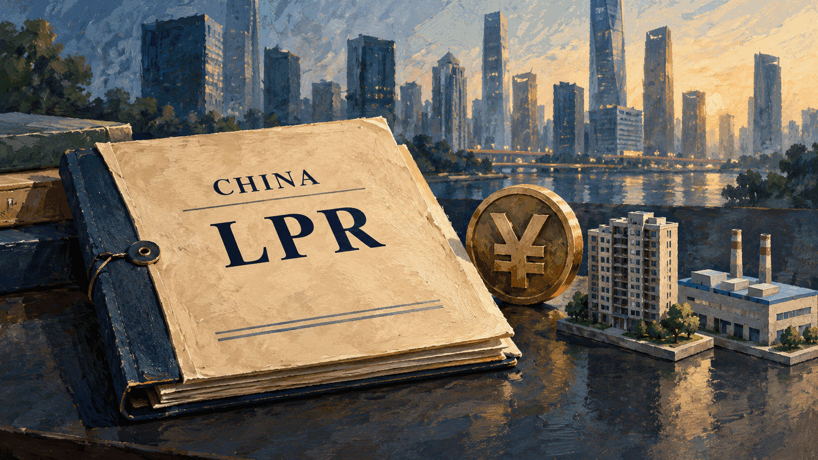 Conceptual editorial illustration of an LPR folder, yuan lending and an imagined Chinese banking district; not an actual bank or official document