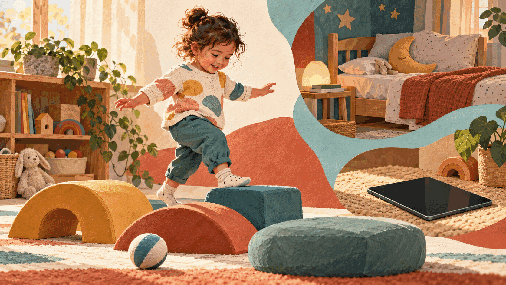 Editorial illustration of young children’s active play, quiet rest and a screen set aside; not study participants