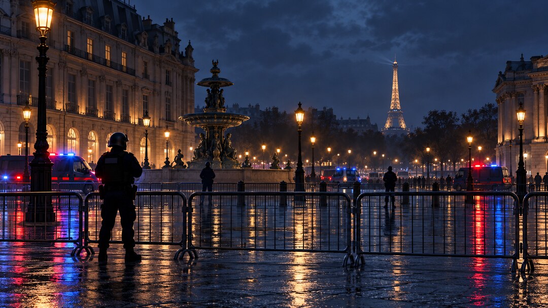 Editorial illustration of nighttime restrictions and guarded public space in Paris