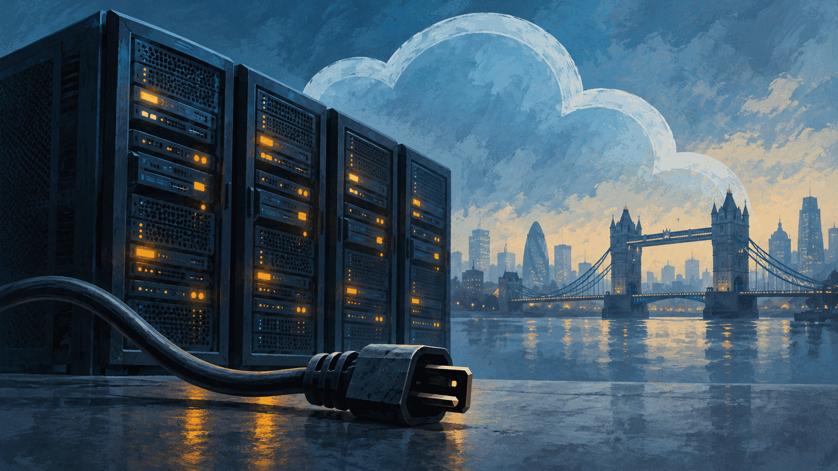 Conceptual editorial illustration of London cloud infrastructure and an interrupted power connection, not an actual facility