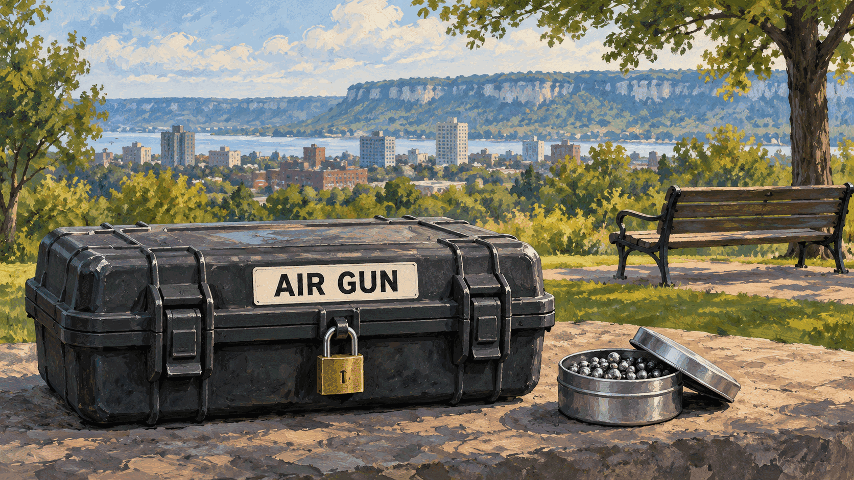 Editorial illustration of a locked air-gun storage case and a Hamilton neighbourhood park; not an actual weapon or incident