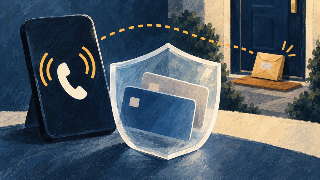 Editorial illustration of secured bank cards and a suspicious call