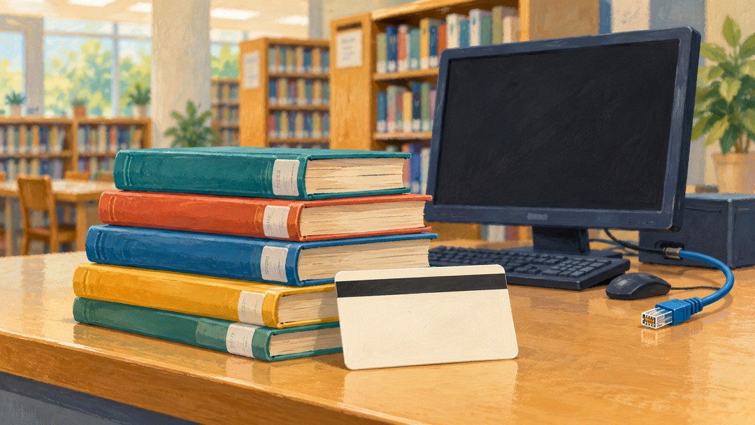 Editorial illustration of library books, a blank borrowing card and an inactive computer; not an actual branch