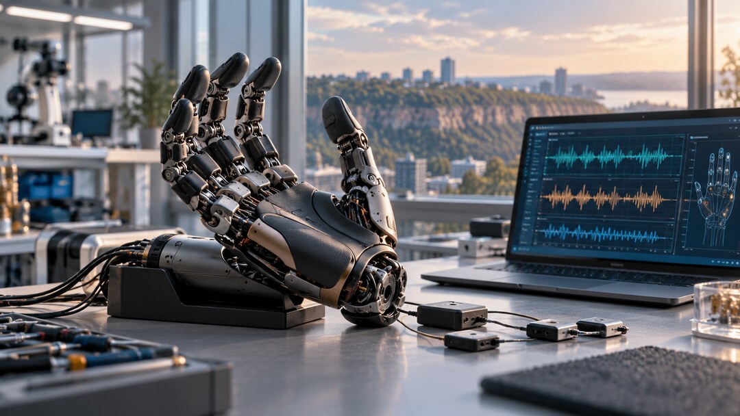 Editorial illustration of an unbranded articulated prosthetic hand in a Hamilton medical-engineering workspace
