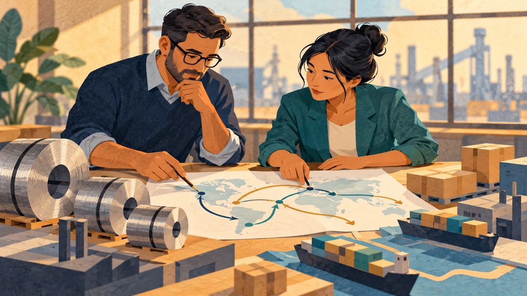 Editorial illustration of local manufacturing supply-chain planning; not actual staff or a factory