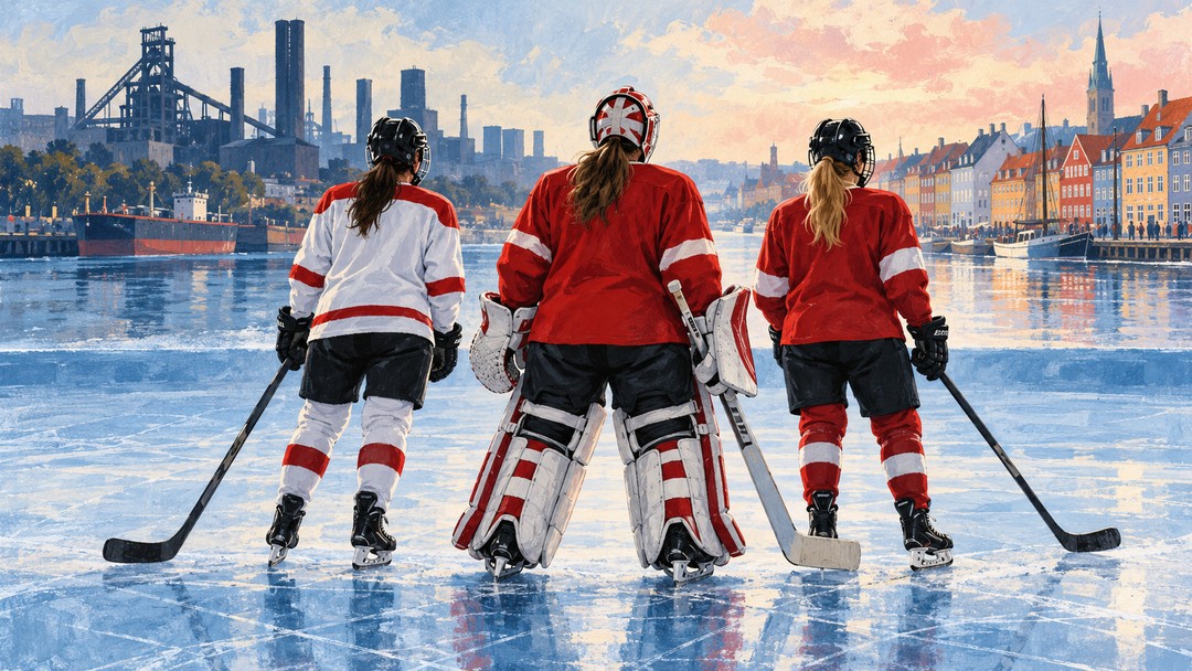 Editorial illustration of two hockey skaters and a goaltender representing Hamilton’s connection to Canada’s women’s world championship roster