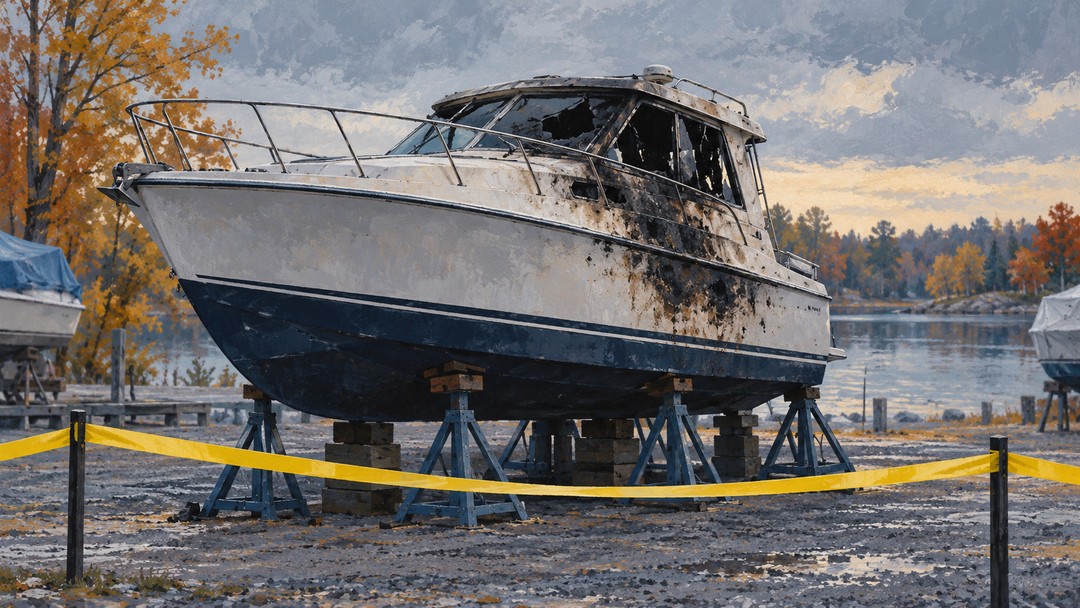 Conceptual editorial illustration of an unoccupied dry-docked boat behind a cordon, not the actual Kingston incident