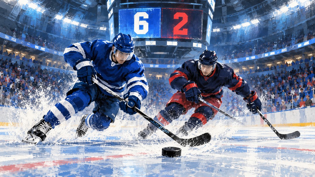 Conceptual hockey editorial illustration in Toronto blue and Columbus red with a six-to-two scoreboard; not a photograph of the game