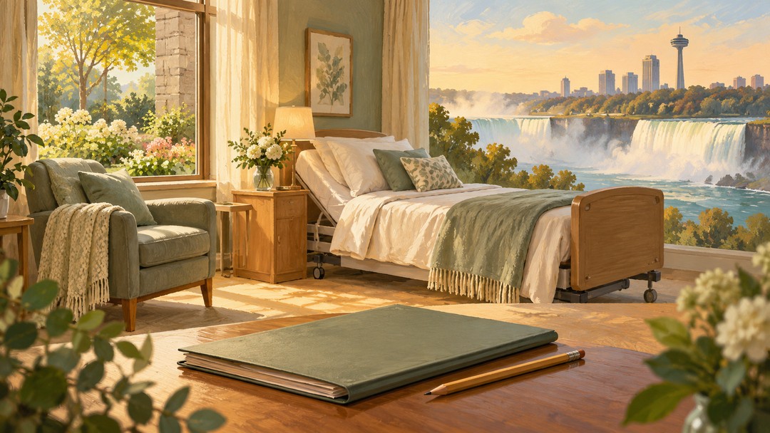 Conceptual editorial illustration of a quiet care room, planning papers and Niagara Falls context; not the proposed hospice’s actual design